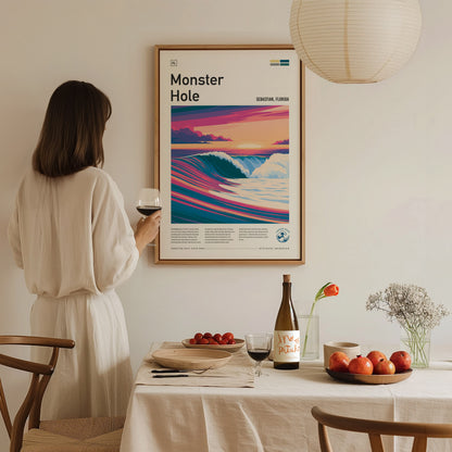 Monster Hole, Florida Poster | Barrel Wave & Tropical Surf Wall Art — styled in a modern interior