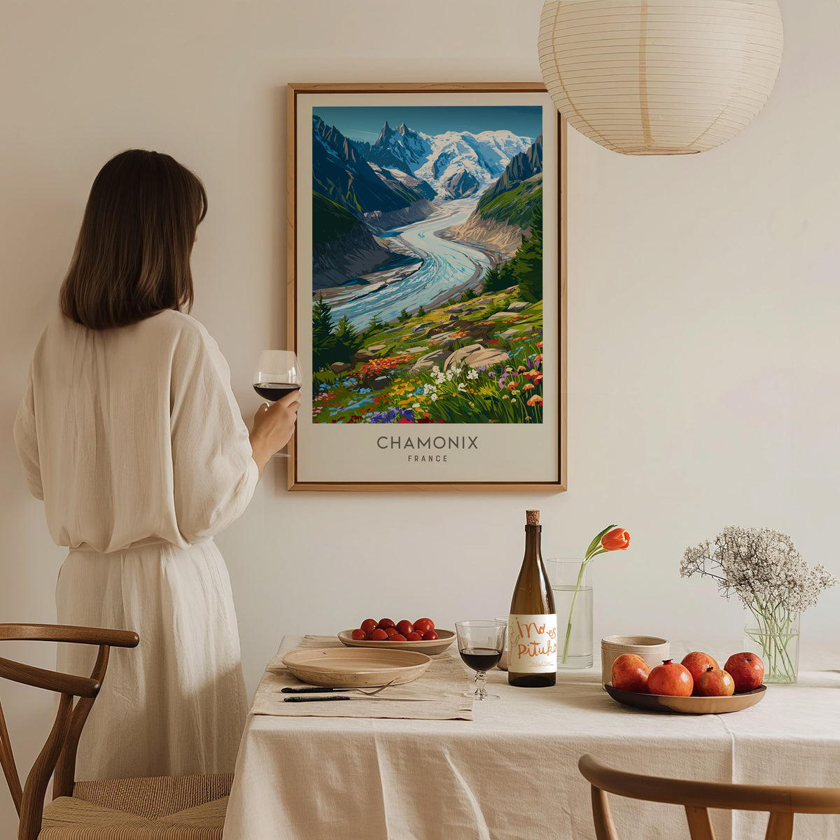 Chamonix Matte Border Poster | France Alpine Travel Wall Art — styled in a modern interior