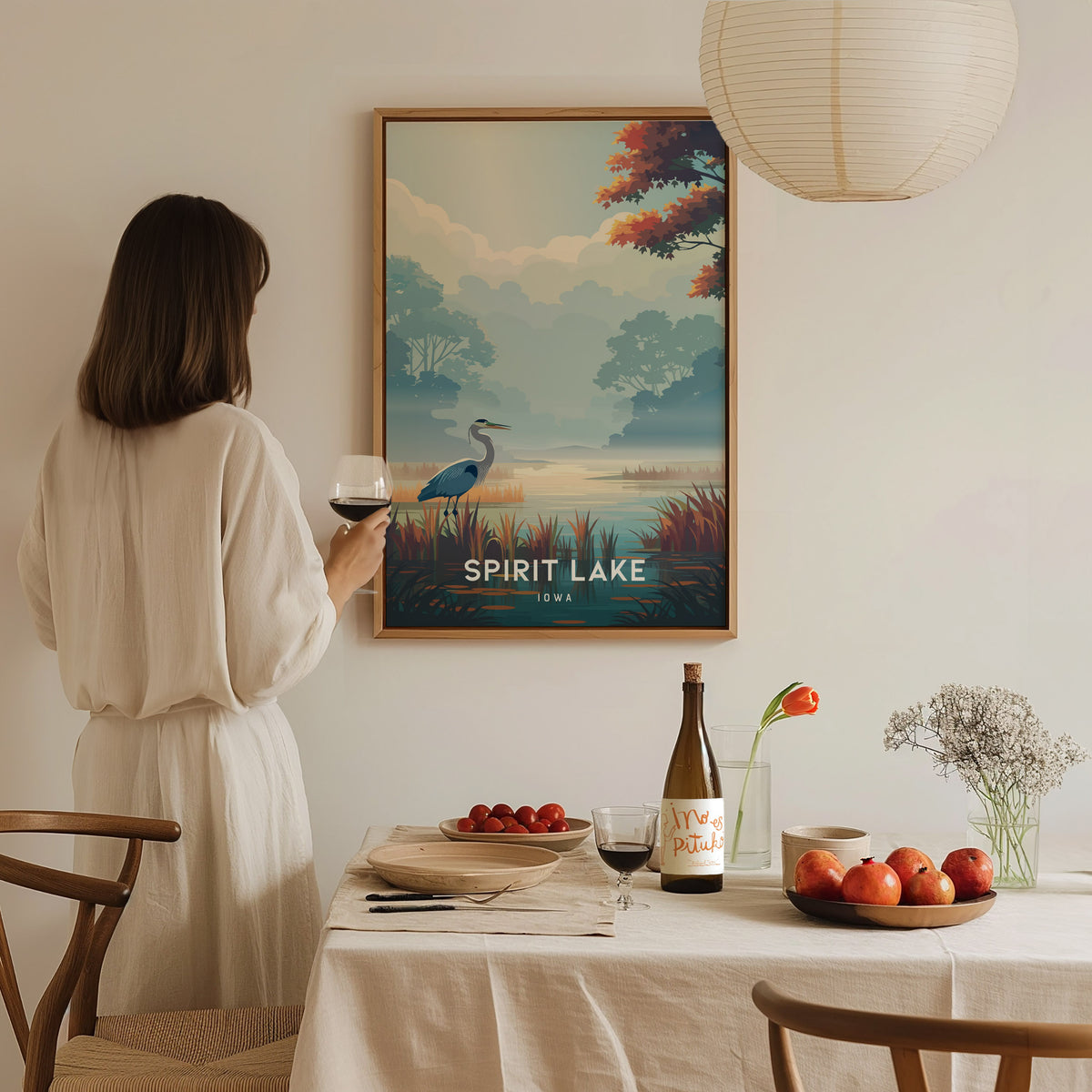 Spirit Lake, Iowa Poster | Lakeside Serenity Destination Print Wall Art — styled in a modern interior