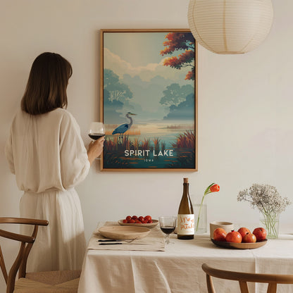 Spirit Lake, Iowa Poster | Lakeside Serenity Destination Print Wall Art — styled in a modern interior