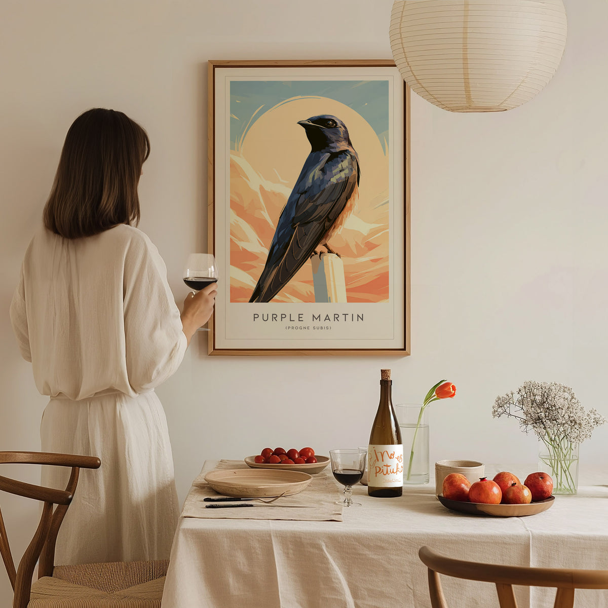 Purple Martin Poster | Graceful Songbird in Golden Light Wall Art — styled in a modern interior