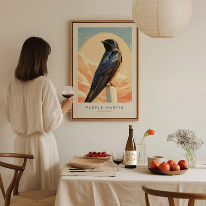 Purple Martin Poster | Graceful Songbird in Golden Light Wall Art — styled in a modern interior