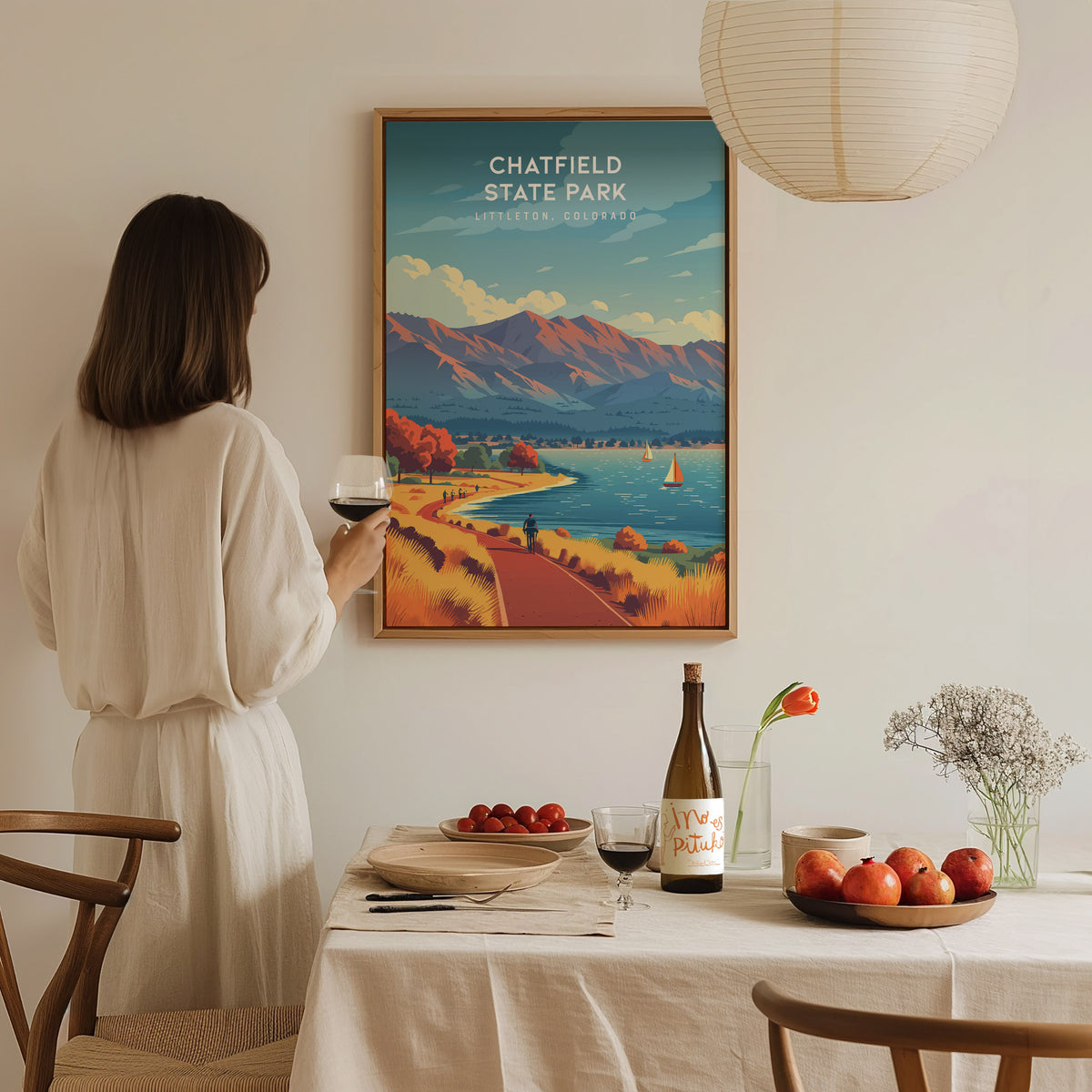 Chatfield State Park, Littleton, Colorado Poster | Mountain Lake Destination Print Wall Art — styled in a modern interior