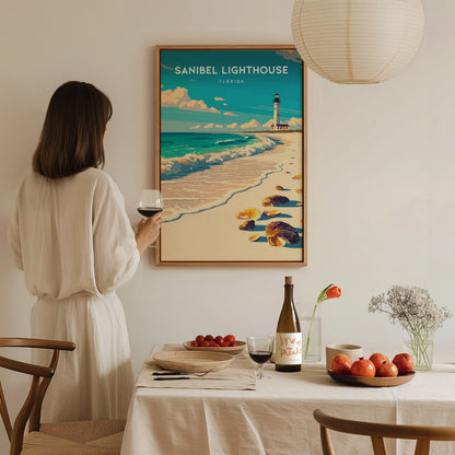 Sanibel Lighthouse, Florida Poster | Gulf Coast Beacon Coastal Decor Wall Art — styled in a modern interior