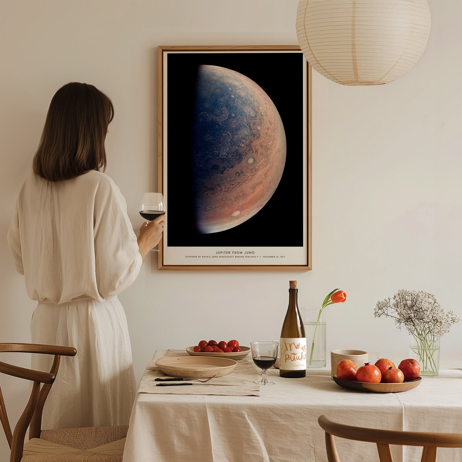 Jupiter from Juno gas giant print in a floating frame canvas displayed on a clean white wall