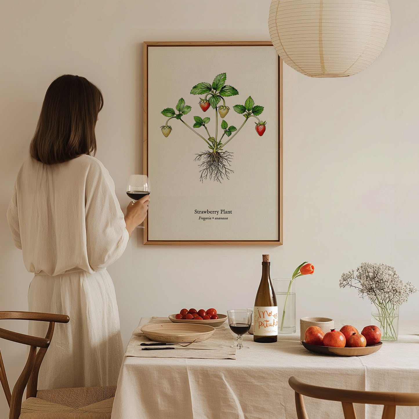 Strawberry Plant Poster | Vintage Fragaria × ananassa Botanical Illustration Wall Art — styled in a modern interior