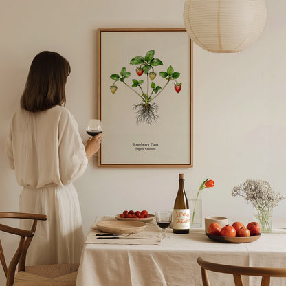 Strawberry Plant Poster | Vintage Fragaria × ananassa Botanical Illustration Wall Art — styled in a modern interior