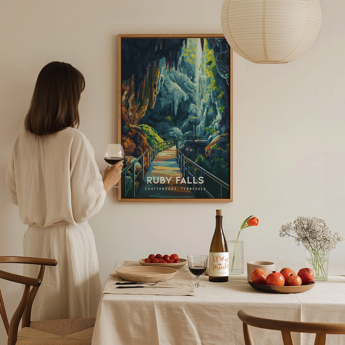 Ruby Falls, Chattanooga, Tennessee Poster | Underground Waterfall Travel Wall Art — styled in a modern interior