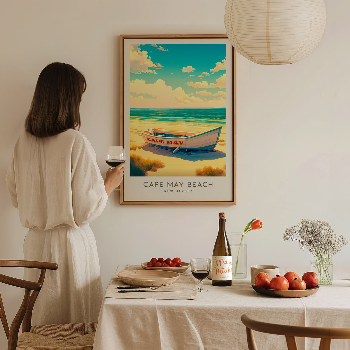 Cape May Beach Matte Border Poster | New Jersey Vacation Wall Art — styled in a modern interior