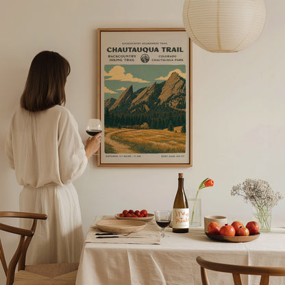 Chautauqua Trail, Boulder Poster | Hiker Gift | Flatirons Backcountry Block Print Wall Art — styled in a modern interior