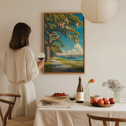 A woman in a white dress holds a glass of wine, admiring a framed Fairhope, Alabama poster. A table with fruit, wine, and flowers is in the foreground.
