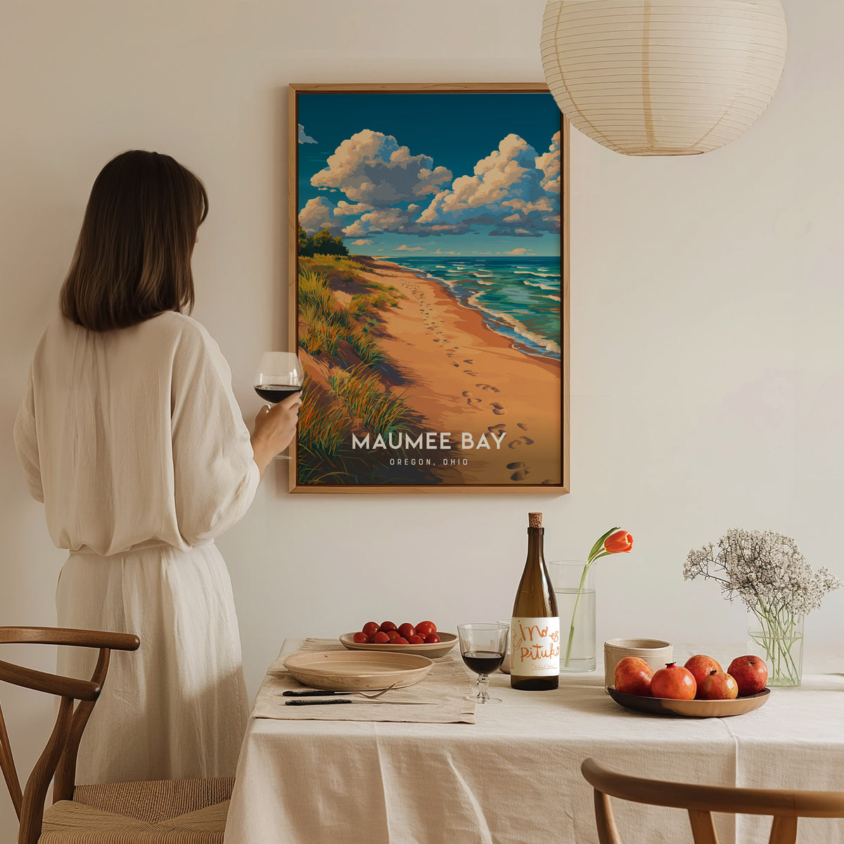 Maumee Bay, Oregon, Ohio Poster | Lakeside Marshland Sunset Wall Art — styled in a modern interior