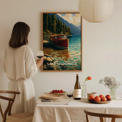 Lake McDonald, Glacier National Park, Montana Poster | Mountain Lake Reflections Destination Print Wall Art — styled in a mod