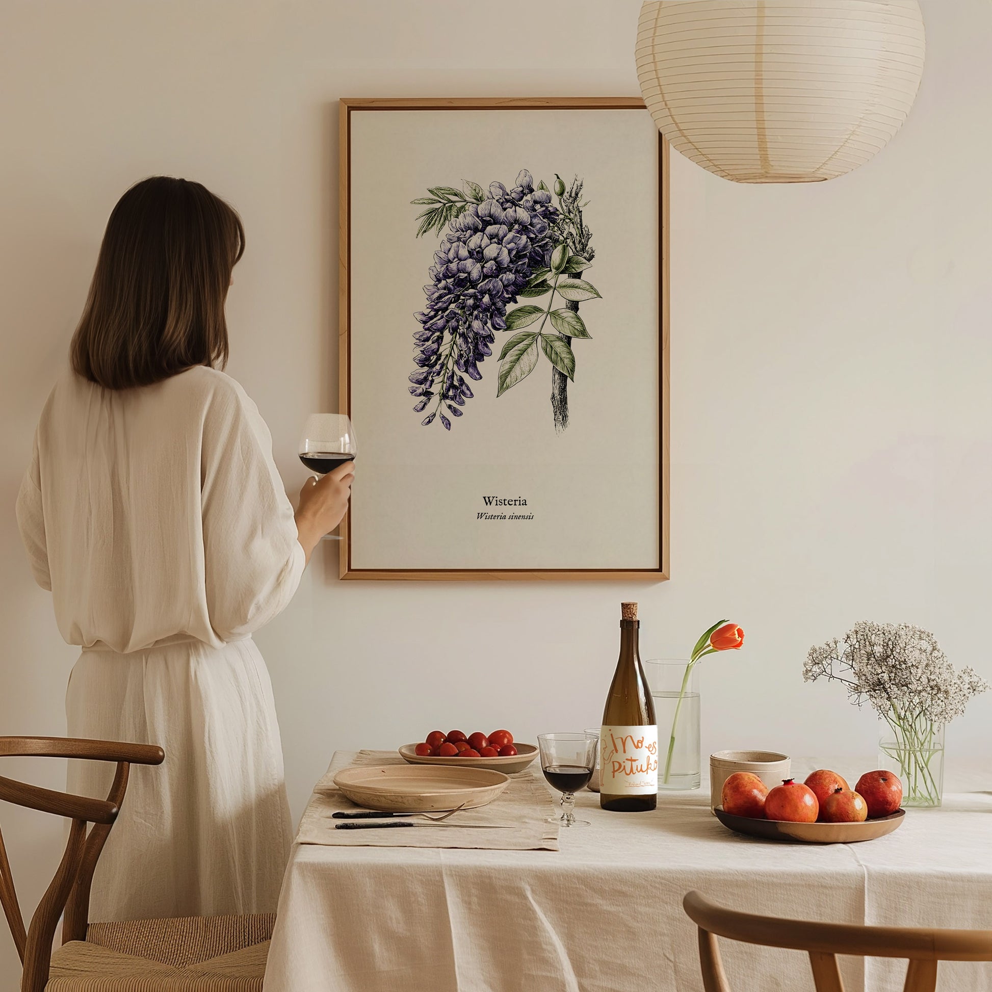 Wisteria Poster | Vintage Wisteria sinensis Botanical Illustration Wall Art — styled in a modern interior