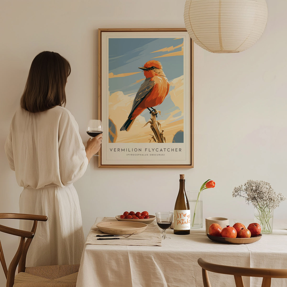 Vermilion Flycatcher, Pyrocephalus obscurus Poster | Brilliant Songbird Nature Poster Wall Art — styled in a modern interior