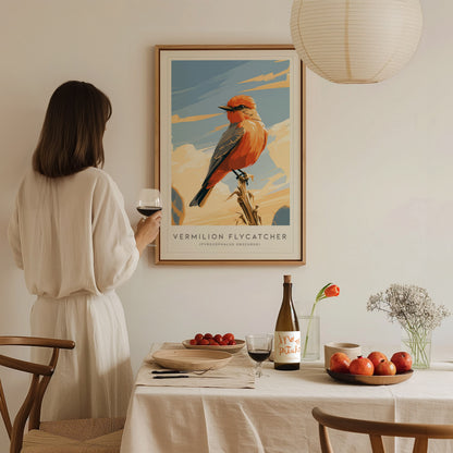 Vermilion Flycatcher, Pyrocephalus obscurus Poster | Brilliant Songbird Nature Poster Wall Art — styled in a modern interior