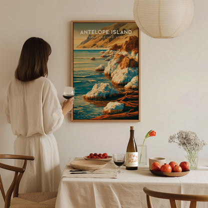 Antelope Island Poster | Great Salt Lake, Utah Framed or Unframed Travel Gift Wall Art — styled in a modern interior