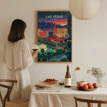 Las Vegas, Nevada Poster | Neon Lights & Desert Skyline Wall Art — styled in a modern interior
