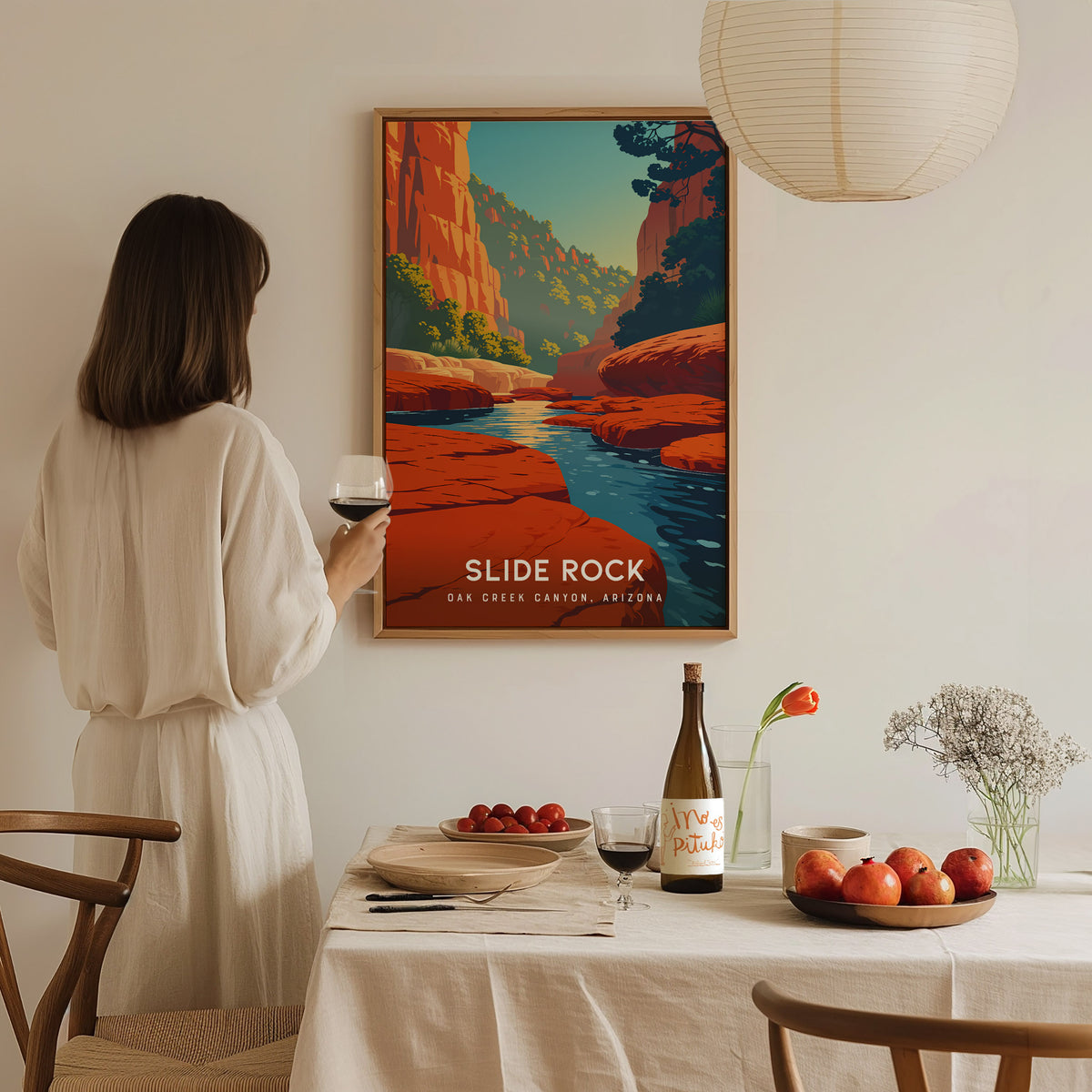 Slide Rock, Oak Creek Canyon, Arizona Poster | Red Rock Swimming Hole Travel Wall Art — styled in a modern interior
