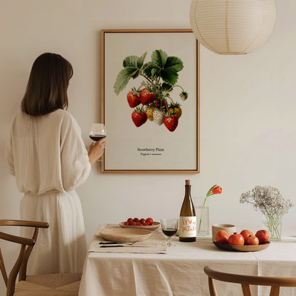 Strawberry Plant Poster | Vintage Fragaria × ananassa Botanical Illustration Wall Art — styled in a modern interior