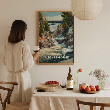 Quechee Gorge, Vermont Poster | Scenic Bridge & River Valley Wall Art — styled in a modern interior