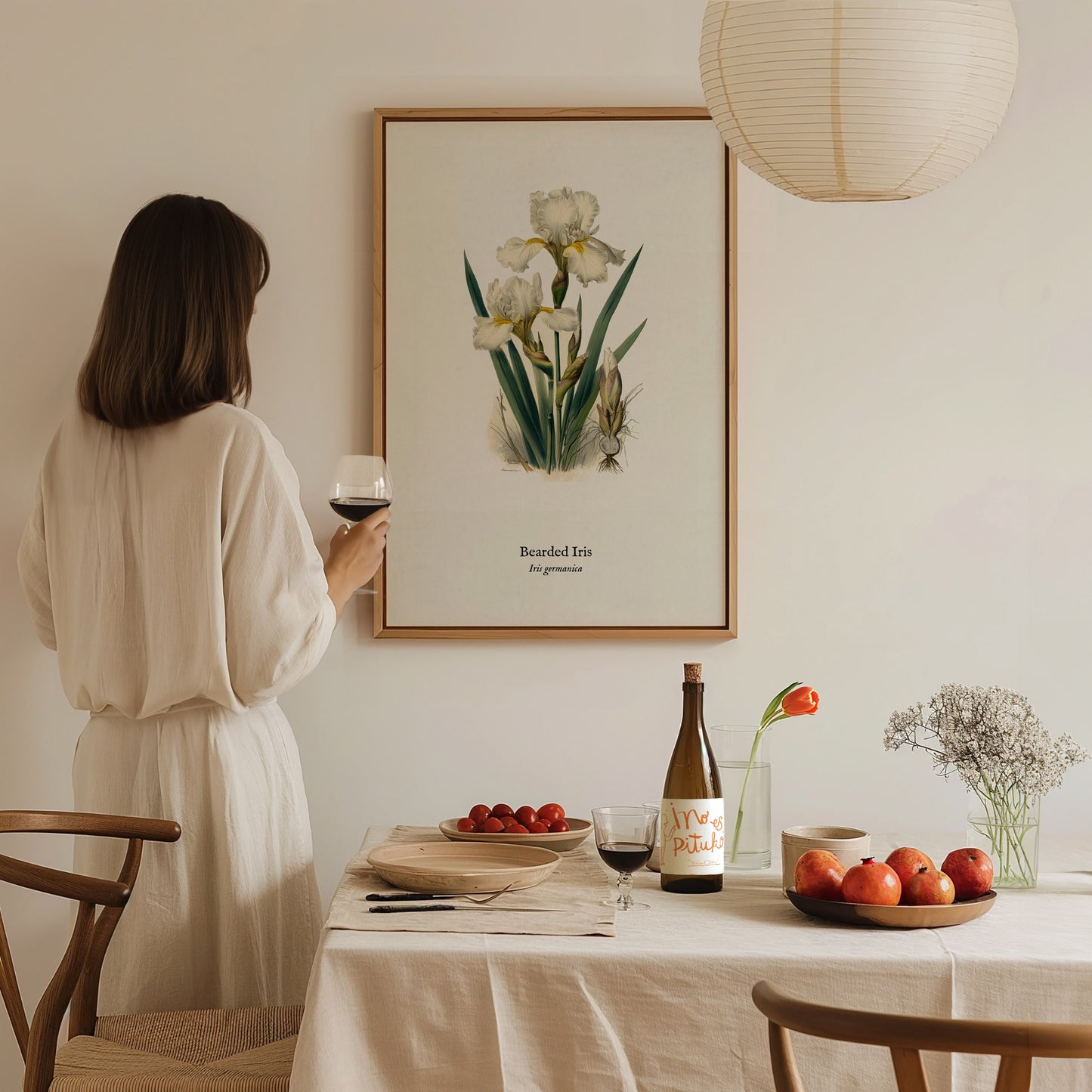 Bearded Iris Poster | Iris germanica Pen and Ink Print Vintage Botanical Illustration Wall Art — styled in a modern interior