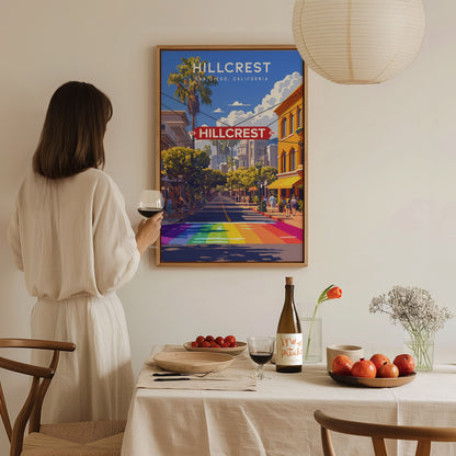 A person in a white dress holds a wine glass while admiring a colorful Hillcrest poster on the wall. A table with fruit, wine, and flowers is in the foreground.