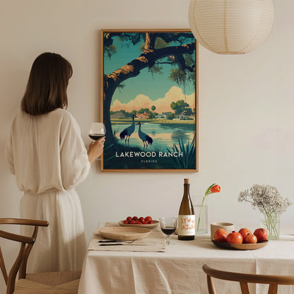 A woman in a white dress holds a wine glass while admiring a Lakewood Ranch poster. The dining table is elegantly set with fruits, wine, and flowers.