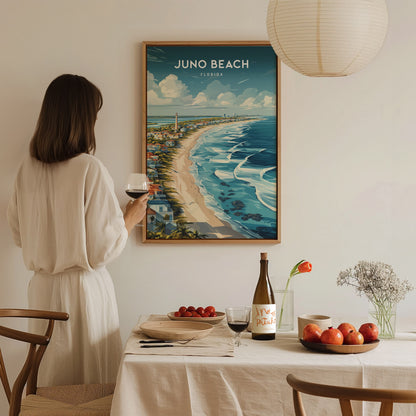 Juno Beach, Florida Poster | Sea Turtle & Sunrise Shoreline Wall Art — styled in a modern interior
