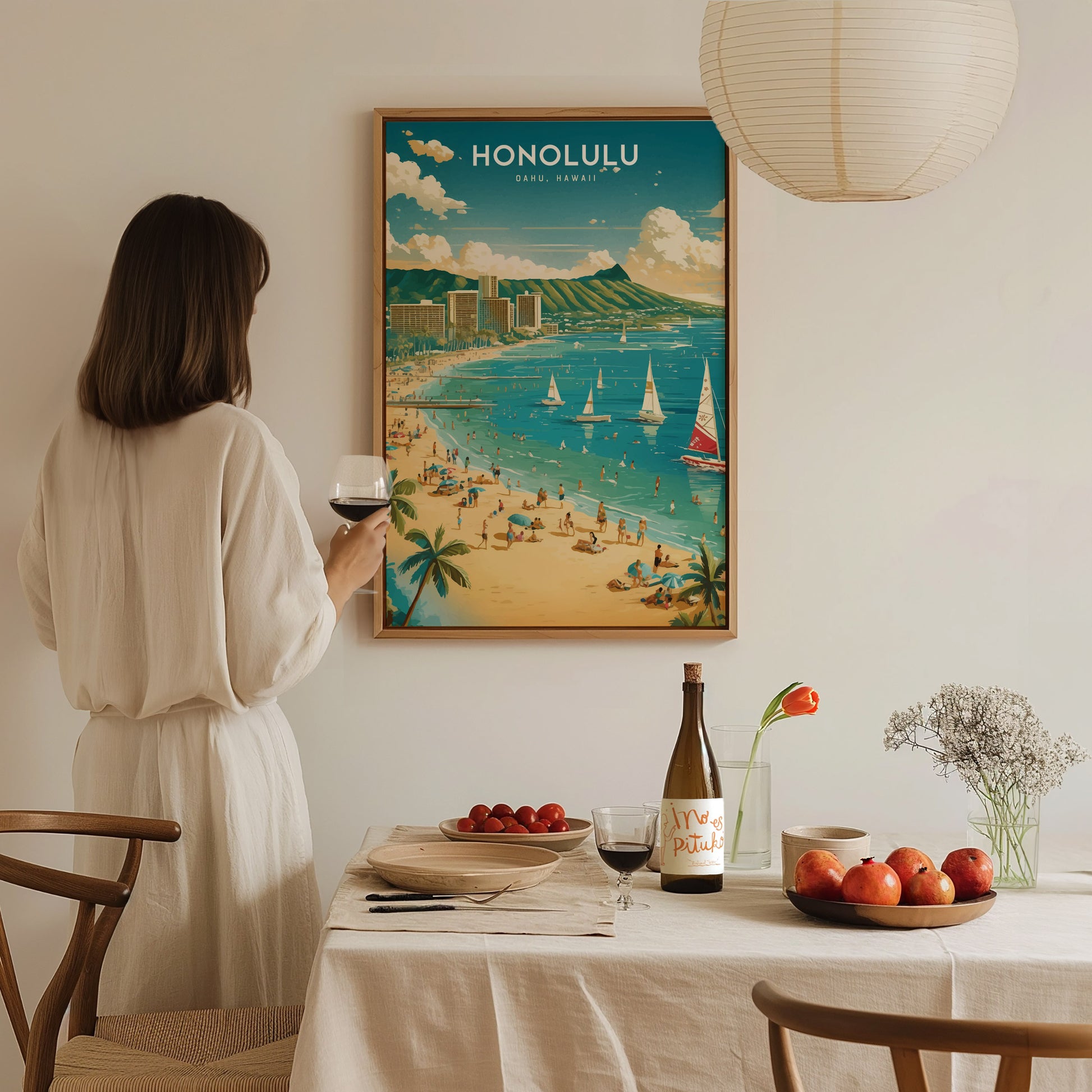 Honolulu Waikiki Poster | Diamond Head Oahu Skyline Wall Art