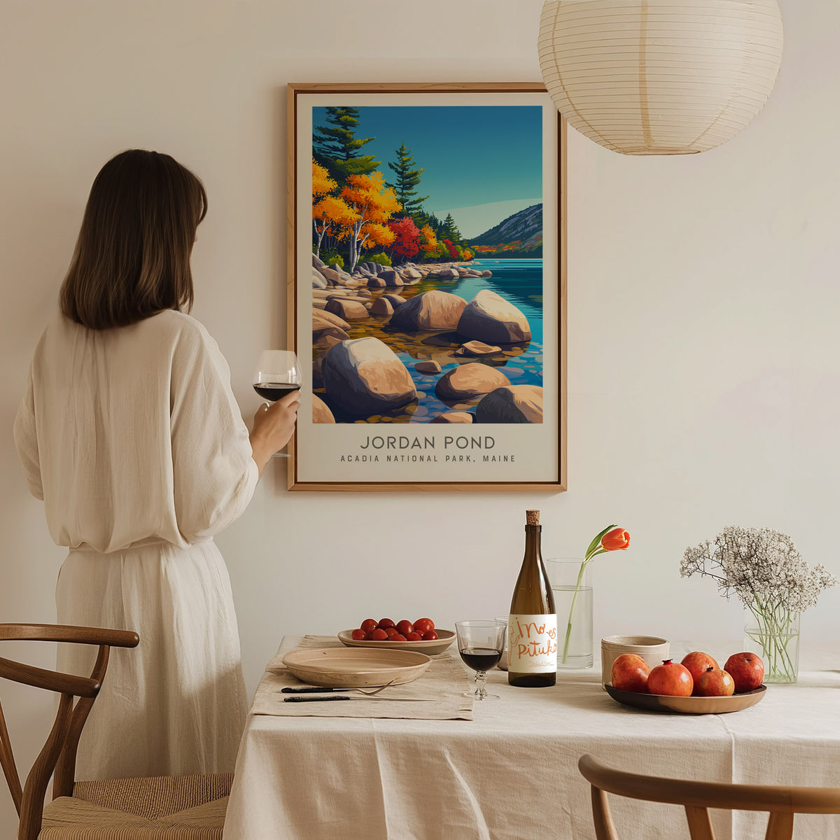 Jordan Pond Matte Border Poster | Acadia National Park, Maine Destination Print — styled in a modern interior