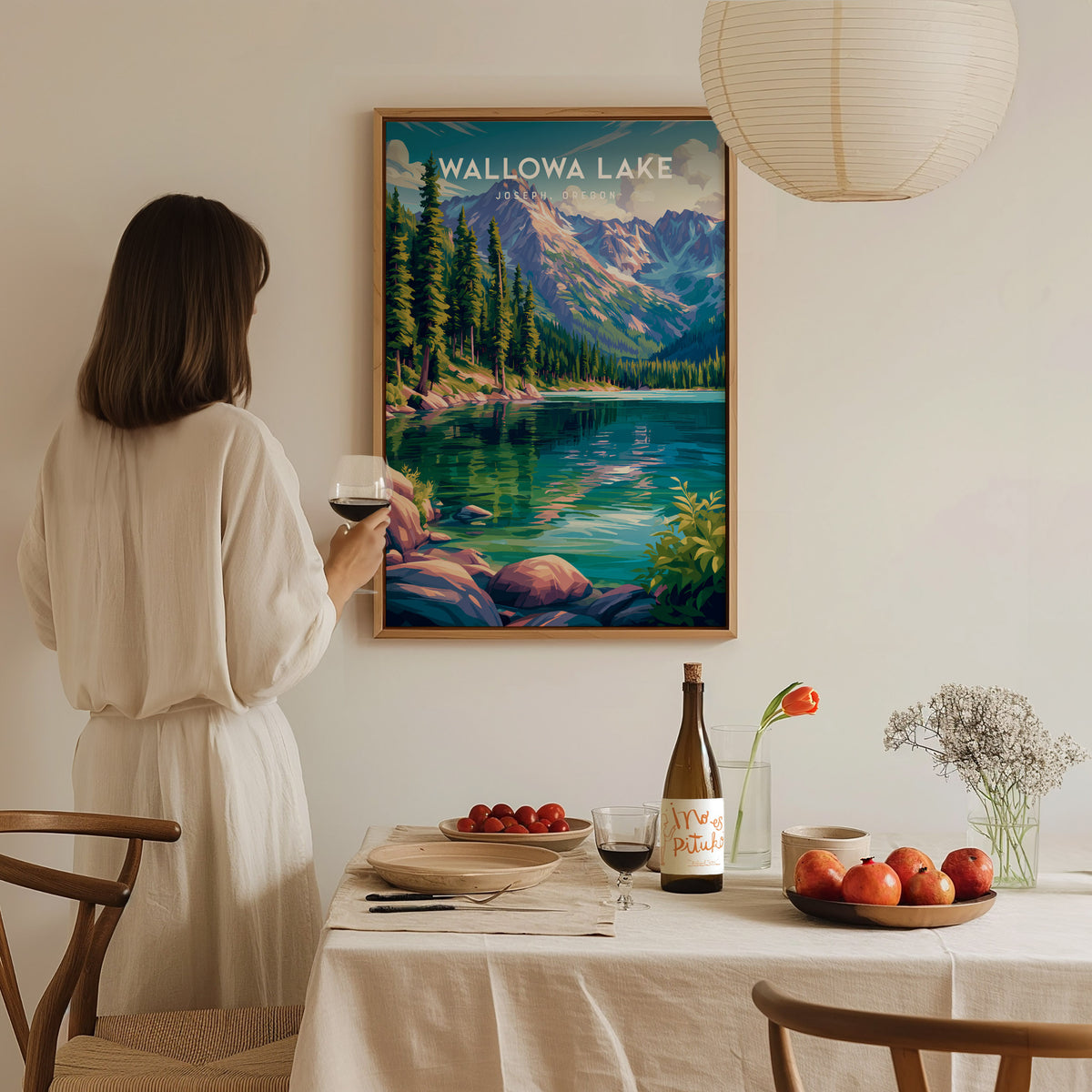 Wallowa Lake, Joseph, Oregon Poster | Mountain Lodge Destination Print Wall Art — styled in a modern interior