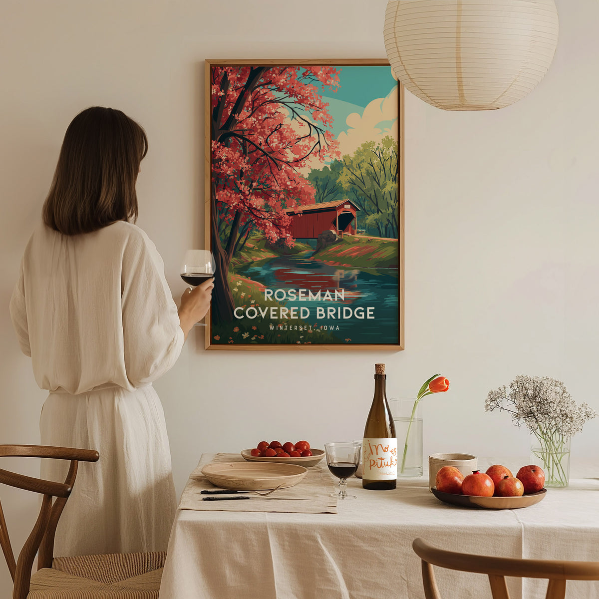 Roseman Covered Bridge, Winterset, Iowa Poster | Historic Charm Framed or Unframed Wall Art — styled in a modern interior