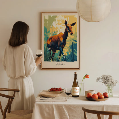Okapi, Okapia johnstoni Poster | Rainforest Wildlife Wall Art — styled in a modern interior