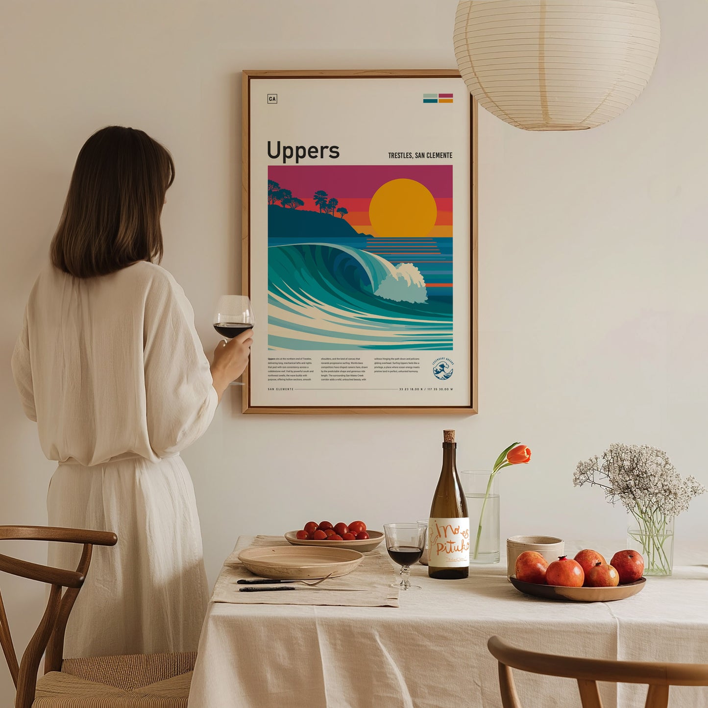 Uppers, Trestles Poster | Golden Hour Barrel Surf Wall Art — styled in a modern interior