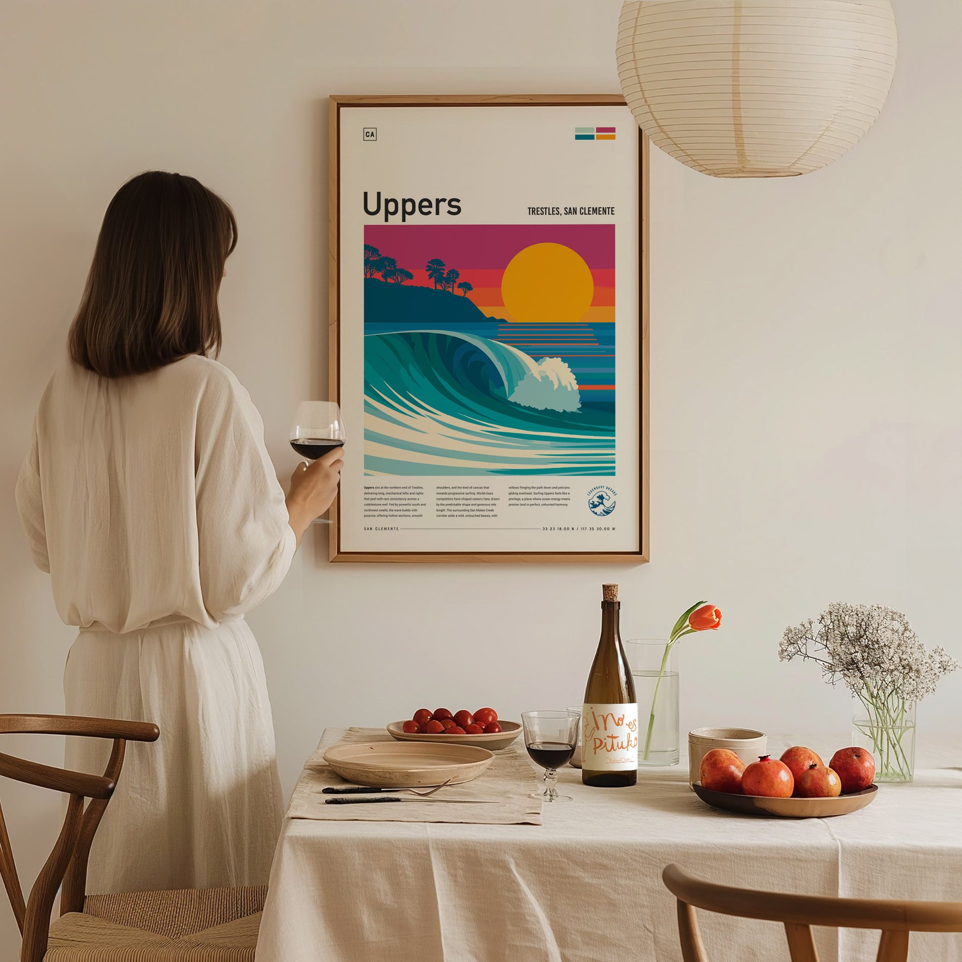 Uppers, Trestles Poster | Golden Hour Barrel Surf Wall Art — styled in a modern interior