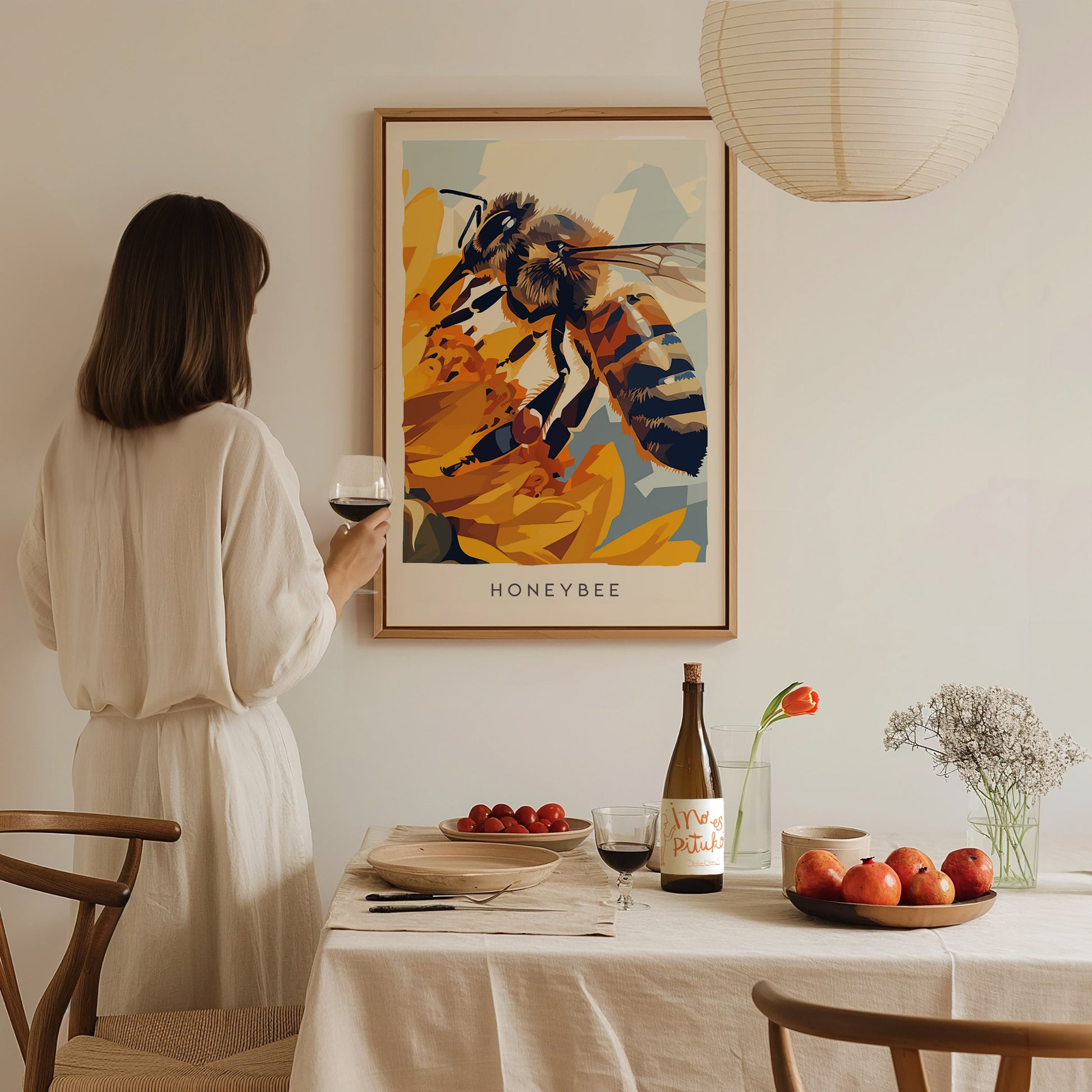 Honeybee, Wildlife Poster | Golden Pollinator Botanical Garden Wall Art — styled in a modern interior