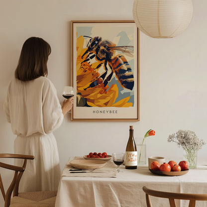 Honeybee, Wildlife Poster | Golden Pollinator Botanical Garden Wall Art — styled in a modern interior