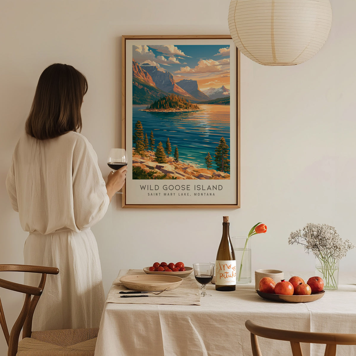 Wild Goose Island Matte Border Poster | Saint Mary Lake, Montana Travel Wall Art — styled in a modern interior