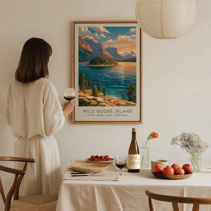 Wild Goose Island Matte Border Poster | Saint Mary Lake, Montana Travel Wall Art — styled in a modern interior