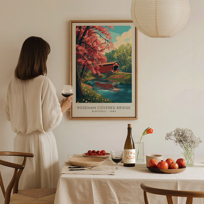 Roseman Covered Bridge Matte Border Poster | Winterset, Iowa Destination Print Travel Wall Art — styled in a modern interior