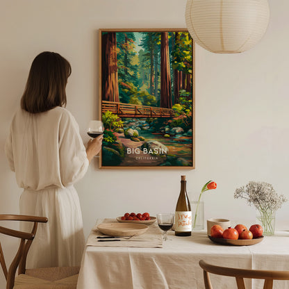 Big Basin Redwoods, California Poster | Towering Redwood Forest Vacation Wall Art — styled in a modern interior