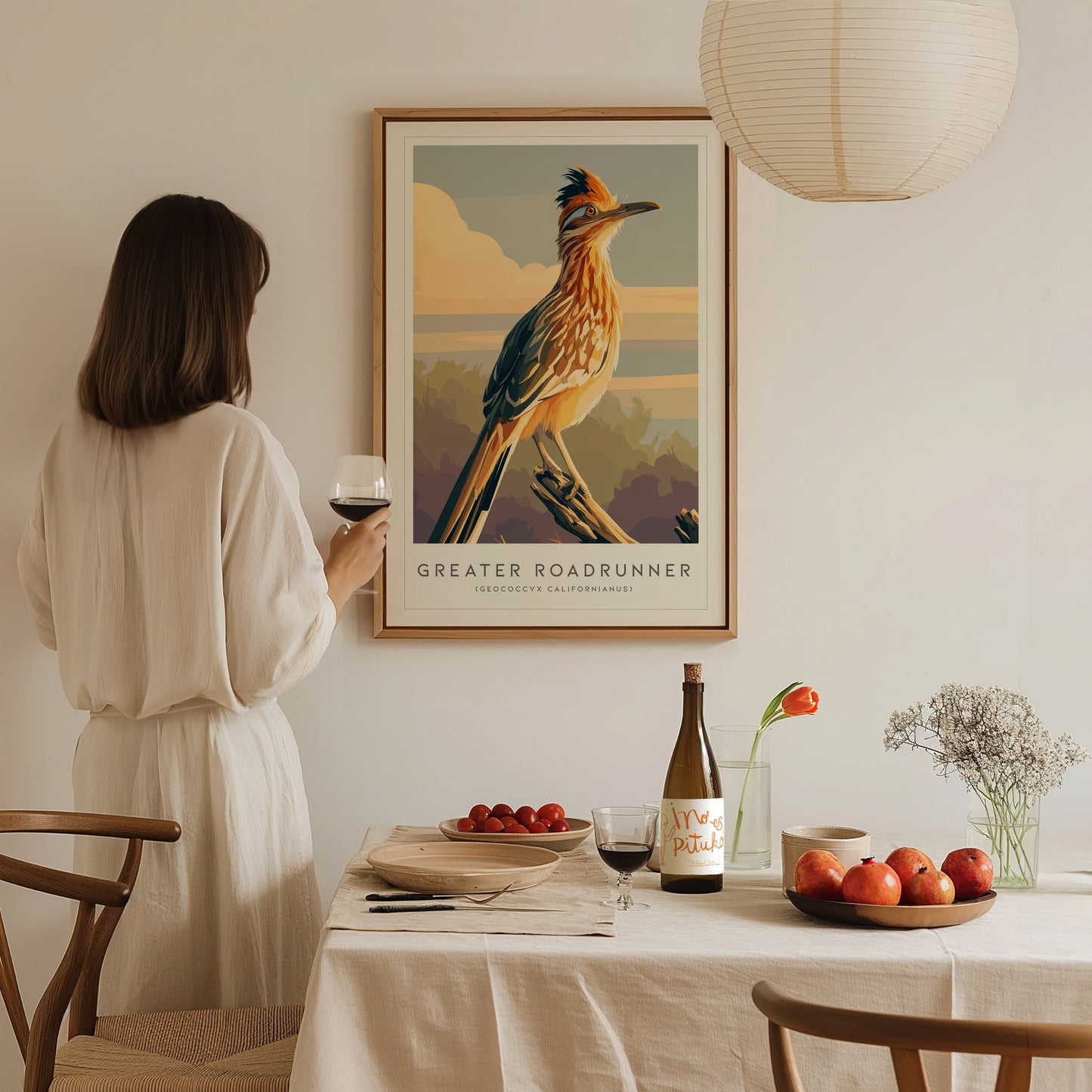 Greater Roadrunner Poster | Desert Bird & Cactus Southwest Wall Art — styled in a modern interior
