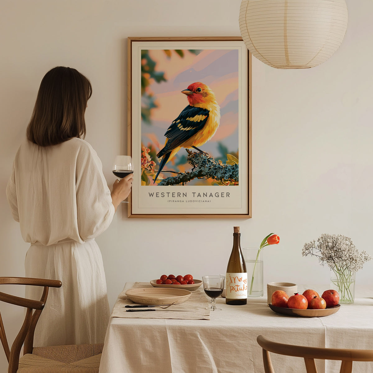 Western Tanager, Piranga ludoviciana Poster | Vibrant Songbird Nature Wall Art — styled in a modern interior