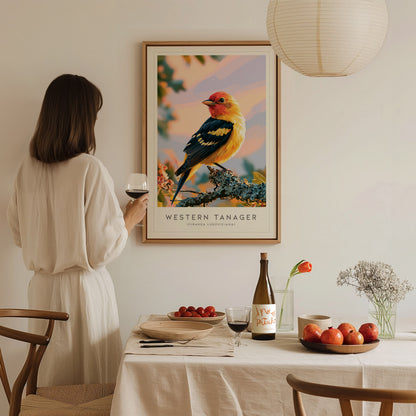 Western Tanager, Piranga ludoviciana Poster | Vibrant Songbird Nature Wall Art — styled in a modern interior