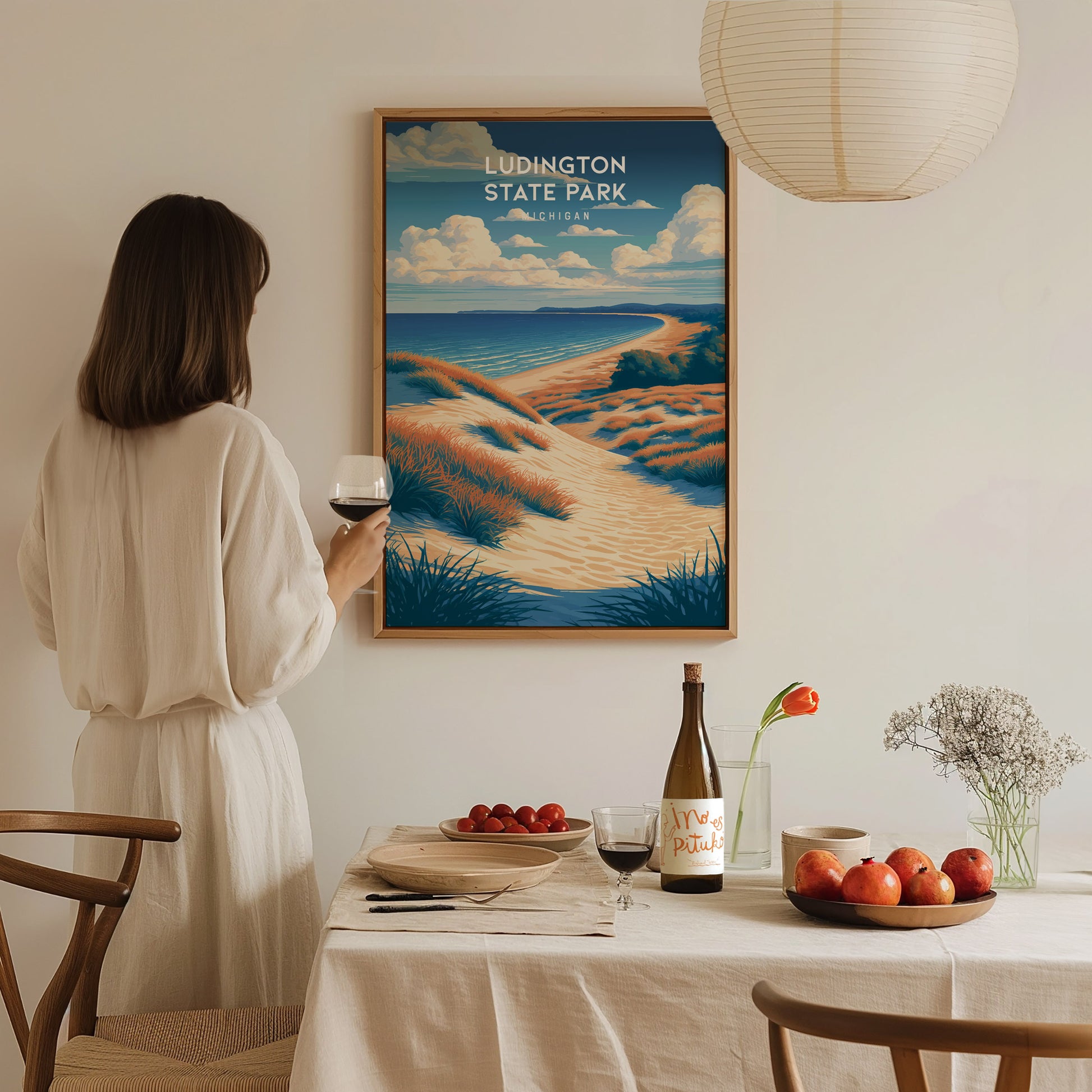 Ludington State Park, Michigan Poster | Dunes & Lighthouse Lakeshore Wall Art — styled in a modern interior