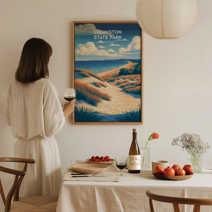 Ludington State Park, Michigan Poster | Dunes & Lighthouse Lakeshore Wall Art — styled in a modern interior