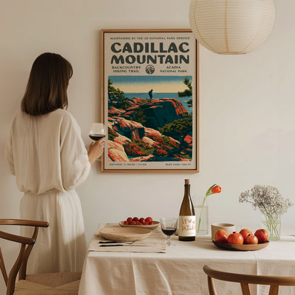 Cadillac Mountain, Acadia National Park Poster | Hiker Gift | Backcountry Trail Block Print Wall Art — styled in a modern int