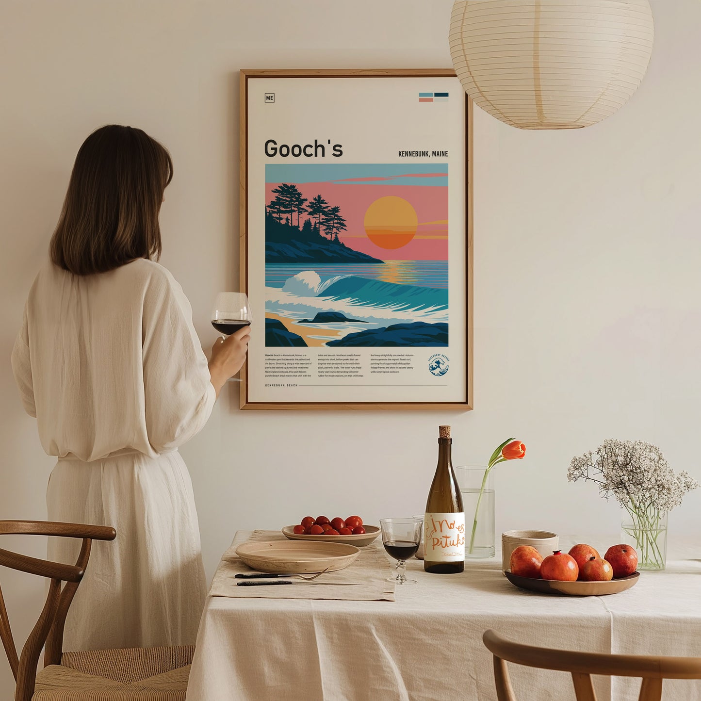 Gooch's Beach, Kennebunk, Maine Poster | Rocky Shore & Rolling Waves Wall Art — styled in a modern interior