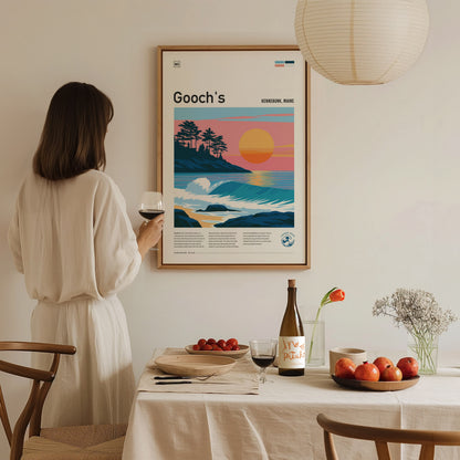 Gooch's Beach, Kennebunk, Maine Poster | Rocky Shore & Rolling Waves Wall Art — styled in a modern interior